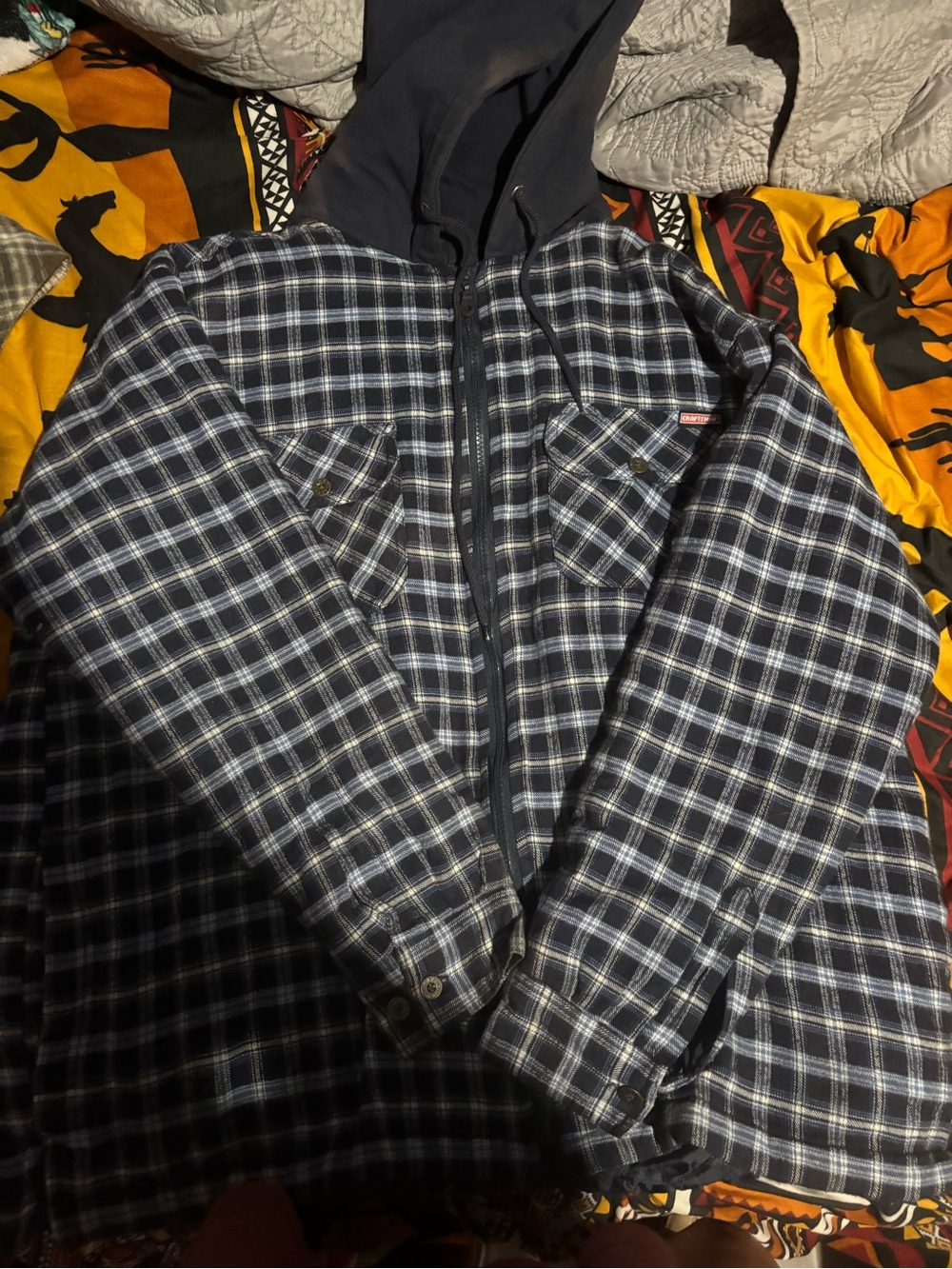 Craft Navy and White Plaid Hooded Zip Shirt Jacket